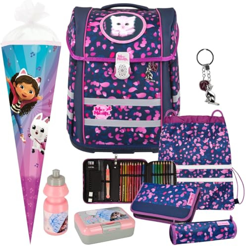 Pridera McNeill Dream Schulranzen-Set Perfecto, Katzen Design, 8-teilig mit Schultüte, Brotdose, Trinkflasche, 33x29x36cm, Wasserabweisend, 22L