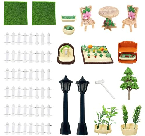39Pcs Miniatur Garten Zubehör, Miniatur Garten Puppenhaus mit Beinhaltet Miniaturzäune, künstliche Gemüsegärten, Kunsthandwerk, Miniaturbäume, Miniaturstraßenlaternen, Tische, für DIY, Puppenhäuser