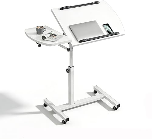 Betttisch Auf Rollen Höhenverstellbar,Betttisch auf Rollen, Stehtisch höhenverstellbar,breitenverstellbar, Tischplatte neigbar/klappbar,Bett-Beistelltisch für Krankenbett,Pflegebett,Laptoptisch (weiß)