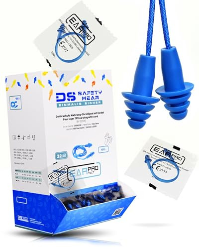 EAR PROTECT Gehörschutzstöpsel Spender mit 100 Paar Mehrweg Ohrstöpsel Blau mit Stoff-Kordel SNR 32dB - Professioneller Ohrstöpselspender für Betriebe - Lärmschutz Ohrstöpsel Wiederverwendbar