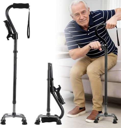 Gehhilfe für Senioren, Gehstock Damen Herren mit 4-Zinken-Basis, Doppelgriff Verstellbarer Klappbar Gehstock, Leicht Standfester Ergonomischem Weicher Griff