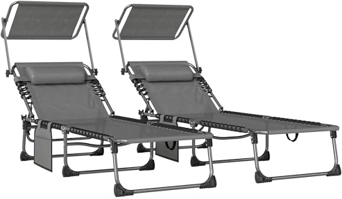 Outsunny Set mit 2 Gartenliegen für den Außenbereich, klappbare Liegen mit Kopfstütze, Sonnenschirm und Seitentasche, 5-Fach verstellbare Rückenlehne und atmungsaktiver Netzsitz für Strand und Pool,