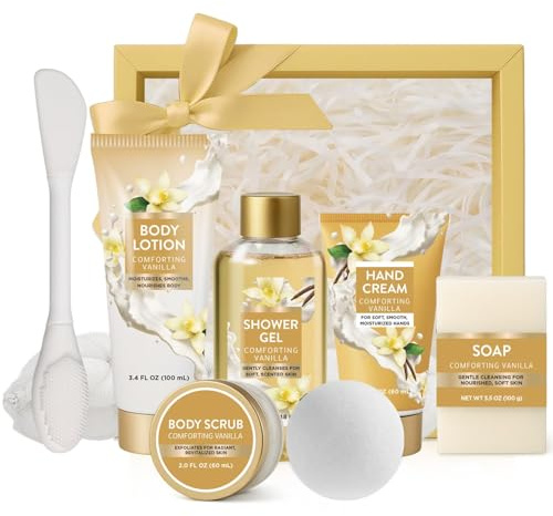BODY & EARTH Geschenke für Frauen - 8tlg Vanille Duft Geschenkbox | Sets mit Duschgel, Blasenbad, Body Lotion, Verwöhnen Geschenke Set, Geburtstagsgeschenk für sie, Frauen, Mutter