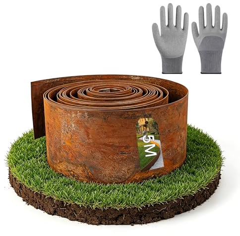 Rasenkante aus Cortenstahl - Beeteinfassung aus Metall 15 cm hoch - Einfache Montage - Beetumrandung mit Rost, 1 Paar Montagehandschuhe inklusive (Länge 5 m)