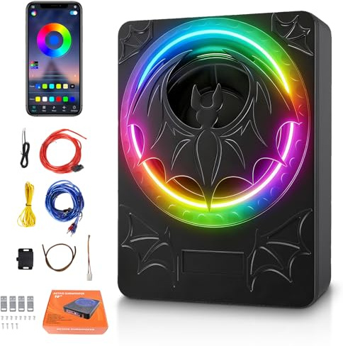 Subwoofer Attivo per Auto da 1200W 10 Pollici, Set Subwoofer e Amplificatore Ultrapiatto ad Alta Potenza da Posizionare Sotto il Sedile con Luce RGB Sincronizzata al Ritmo, Modello di pipistrello