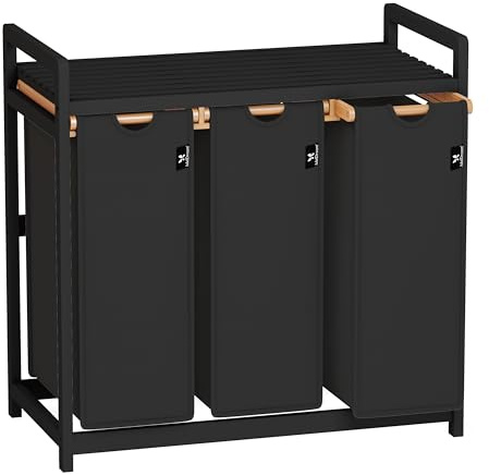 AdelDream Wäschekorb 150L,3 Fächer Wäschesammler mit Ablage,Bambusrahmen | Wäschesortierer mit 3 x 50L Fächer , ausziehbar abnehmbar, Ablage bis 45 kg,Schwarzer Bambusrahmen,schwarze Wäschesäcke