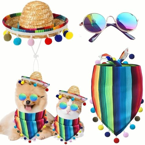 XFSRG 3 Pièces Ensemble Bandana Chien Casquette Lunette pour Chien Chapeau de Paille Accessoires Mode Été Plage Accessoires pour Animaux