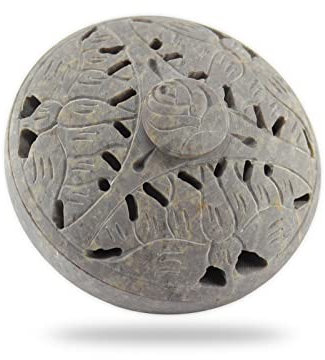 Budawi® Speckstein Räucherschale mit Deckel – 9 cm Ø, 5 cm hoch – filigranes Muster, auch als Schmuckdose & Räucherstäbchenhalter – multifunktional, handgefertigt