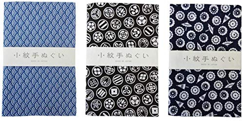 Miyamoto Komon Tenugui Handtuch-Set, 3 Arten (Seigaiha, Kamon, Wagasa)