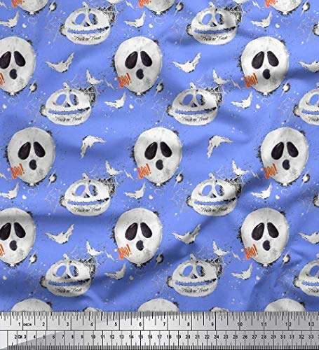 Soimoi Blau Moos Georgette Stoff Spinnennetz, Fledermaus & Geist Halloween Stoff Meterware 42 Zoll breit