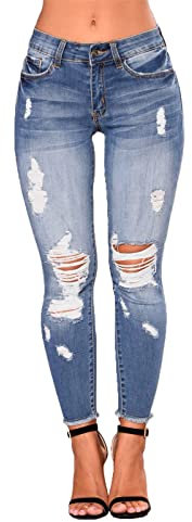 Uusollecy Vaqueros Mujer Elásticos Tiro Medio con Cierre Cremallera Vaqueros Rotos Pantalones Vaqueros Push Up para Mujer,Azul Claro,S