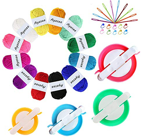 Pompom Maker Kits, Strickwebstuhl Kit Fluff Ball Weaver Needle Craft DIY Strickhäkelwerkzeug Kit, 4PS Pompom Maker + 10PS Strickstichmarker + 10PS Plastiknadeln + 12PS Acrylgarn (36)