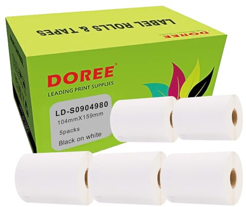 DOREE 5 Rollen S0904980 große Versandetiketten, kompatibel mit Dymo S0904980, 104 mm x 159 mm weiße Etiketten, für Dymo LabelWriter 4XL Etikettendrucker (220 Etiketten pro Rolle).