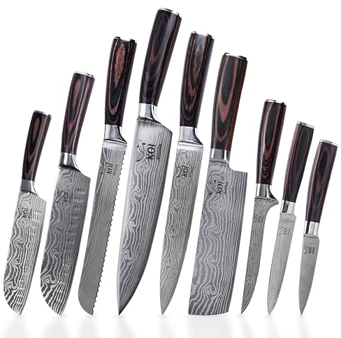 KOI ARTISAN Kitchen Knife Set 9 Pieces - Stainless Steel Chef Knife Set with Ergonomic Pakka Wood Handle