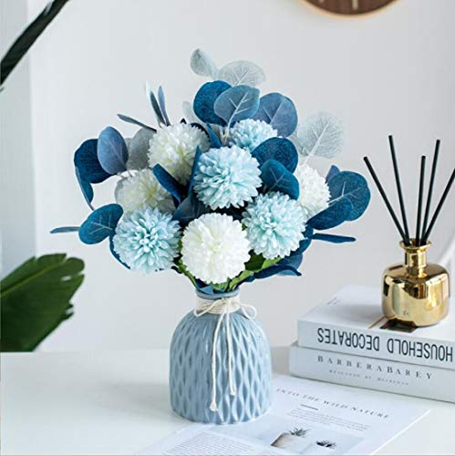 FLCSIed Artificial Flowers Vintage Chrysanthemum Floral Eucalyptus Silk Flowers for Bridal Wedding Bouquet Table Centerpiece Home Party Decor(Vase not included) (Blue)