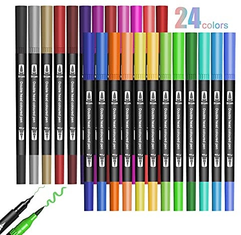 Jsdoin 24 Coloring Pens For Children, Fineliners Felt Pens Dual Tip Outline Markers Pens for Kids and Adults Drawing Sketching Design Scrapbooking Painting Lettering Journal