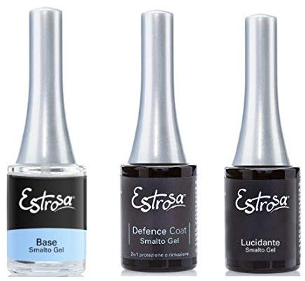 ESTROSA KIT GEL POLISH SEMIPERMANENTE UNGHIE 4PZ BASE SMALTO GEL 15ML - DEFENCE COAT 14ML - LUCIDANTE 14ML + Omaggio semipermanente 10 ml