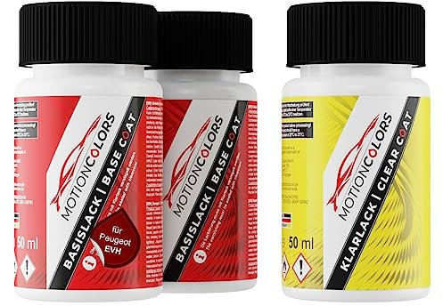 MOTIONCOLORS Rouge Elixir Nacre/Elixir Rot Metallic EVH für Peugeot Autolack Lackstift Set Grundlack Basislack Klarlack je 50ml