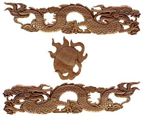 FTYYSWL Chinesischer Drache aus Holz, lange Blumen-Schnitzerei, Applikation, Heimdekoration, Zubehör, Tür, Schrank, Möbel, Figuren, 36 x 8 cm