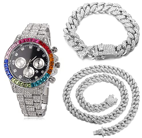 Halukakah Gold Uhr Diamanten Mehrfarbig, Herren Platinplattiert Weißgold 40MM Breite Schwarz Zifferblatt Quarz Armband 21cm mit Kubanischer Kette 20+45cm Halskette Armband,Kostenlose Geschenkbox