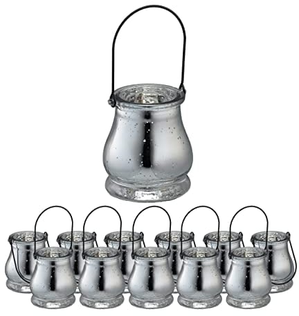 Relaxdays Windlicht, 12er Set, aus Glas, Henkel zum Aufhängen, innen & außen, Teelichthalter, HxD: 10 x 8,5 cm, Silber