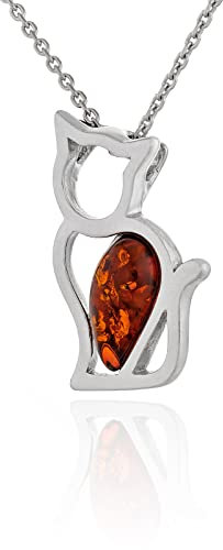 AMBEDORA, Origami Katzen Halskette für Damen, Platiniertes Sterlingsilber, Baltischer Naturbernstein in Cognacfarbe, Platinierter Anhänger mit Kette