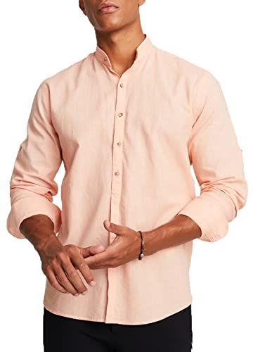 Leif Nelson Chemise en lin pour homme avec col montant, mélange de lin et de coton, loisirs et affaires, retroussée à manches courtes grâce au bouton cousu, Rose saumon clair, L