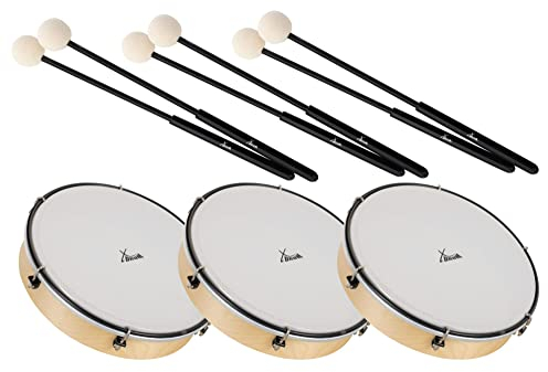 XDrum HTM-10K 10 Handtrommel mit Schlägel 3x Set - Rahmentrommel mit Fell aus Polyester - Stimmbar mit 6 Spannhaken - Holzrahmen aus Ahorn - Ergonomischer Griff - Natur