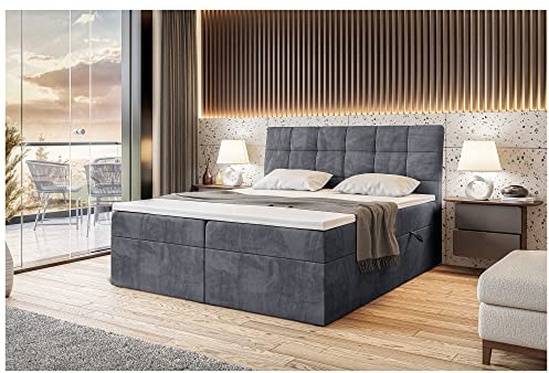MEBLINI Boxspringbett mit Bettkasten - Gepolstert Doppelbett mit Matratze und Topper - Polsterbett mit Stauraum - Bett mit Kopfteil - Stauraumbett - Drago - 140x200 - H4/Dunkelgrau Samt