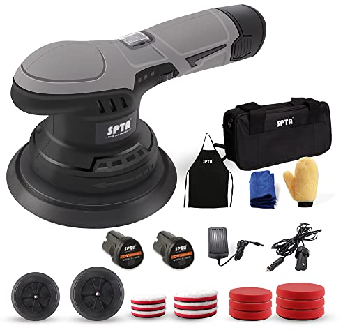 SPTA Cordless Car Buffer Polisher, Polisher with 2Pcs 12V Lithium Rechargeable Battery Brushless Polisher with Variable Speed, Portable Polisher with Polishing Pads Kit For Waxing (LD601UK-MIX)