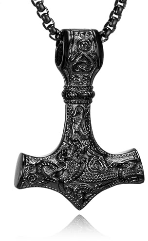 HSWYFCJY Thors Hammer Necklace Men Black Mjölnir Hammer Viking Jewellery Length 20inch