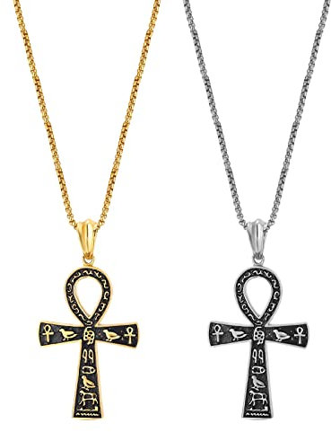 JewelryWe Schmuck 2pcs Retro Halskette Herren Ägyptische Hieroglyphen Ankh Kreuz Edelstahl Anhänger mit 22 Zoll Kette Weizenkette Gold Silber