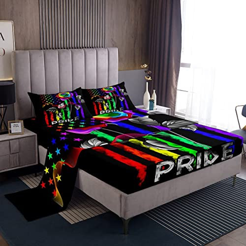 Gay Pride Bettlaken-Set für Kingsize, Lgbt Pride Zubehör, leuchtende Aquarell-Rosen-Bettwäsche-Set Lgbt Schlafzimmer-Dekor, amerikanische Flagge Spannbetttuch + Bettlaken + 2 Kissenbezüge