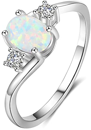 Bellitia Jewelry 925 Sterling Silber Geometrisch Fingerring für Frauen Damen, Edelstein Geburtsstein Weißer Opal CZ Zirkonia Ring Schmuck Set
