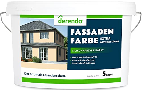 derendo Fassadenfarbe terracotta 5l mit EXTRA hohem Wetterschutz, matte silikonharzverstärkte Fassaden Farbe, hohe Deckkraft und gute Füllkraft bei kleinen Rissen (Biscuit)
