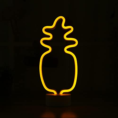 Neonlicht Ananas gelb mit Fuß Sockel NEON LED Licht batteriebetrieben Aufsteller Tischlampe Leuchtreklame Lampe Leuchte Dekoration Kinderzimmer Schlafzimmer Beleuchtung Party Nachtlicht Stand