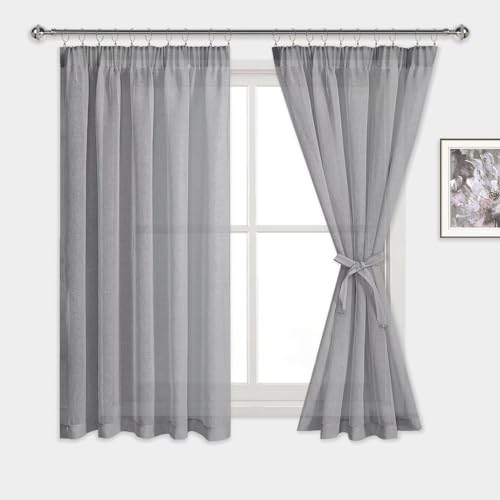 DWCN Voile Vorhänge mit Kräuselband Leinenoptik 2 Stücke Halbtransparent Vorhänge für Wohnzimmer,Durchsichtige Gardinen Kurz,Grau,145x140cm (Höhe x Breite)