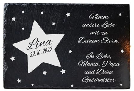 Die Geschenke Manufaktur Gedenktafel personalisiert für Sternenkinder mit persönlicher Gravur, Sterne, Grabstein/Grabplatte aus natürlichem Schiefer, Individueller Grabschmuck aus Stein