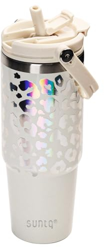SUNTQ 30oz Mug Isotherme avec Couvercle et Paille, Tasse à Café en Acier Inoxydable, Tasse à Café réutilisable, Gobelet Isotherme Grande Capicité pour Voyage Sport(Léopard Ivoire)
