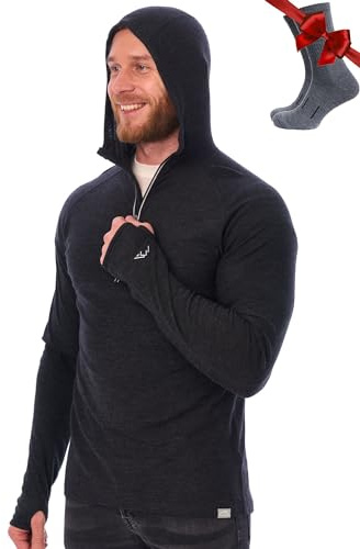 Merino.tech 100% Merino Hoody Herren mit Kapuze, Thermo Hoodie + Socken | Kapuzenpullover für Outdoor, Sport, Alltag, Reise, Wärmeisolierender Midlayer, Geruchshemmendes, Kratzfrei, Schnelltrocknend