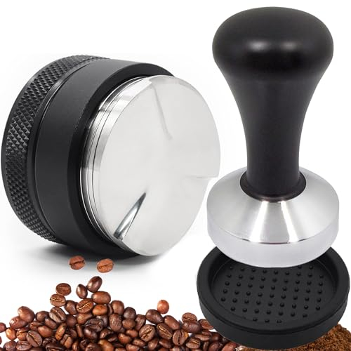 XFLYP Distributor 53mm, 3 in 1 Kaffeeverteiler mit Kaffee Tamper und Silikonmatte, Design Kaffee Tamper Set für Perfekten Espresso Barista-Werkzeug, Mahlkaffee-Verteiler mit Regelbarer Höhe