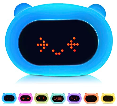 Kadoing® Bär Kinderwecker - mit Mimik und Tippfunktion - Wecklicht für Kinder - Schlaftrainer - Schlafwecker - Nachtlampe - Kinderlampe - Spielzeug Wecker Digital