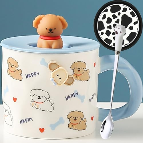 Disoza Hund Tasse mit Deckel Cat Mug 420ml Kaffee Tasse Hund Geschenk Keramik Teetasse mit Löffel & Untersetzer Tee Kaffee Weihnachten Becher Geburtstagsgeschenk für Frau Freundin Kinder