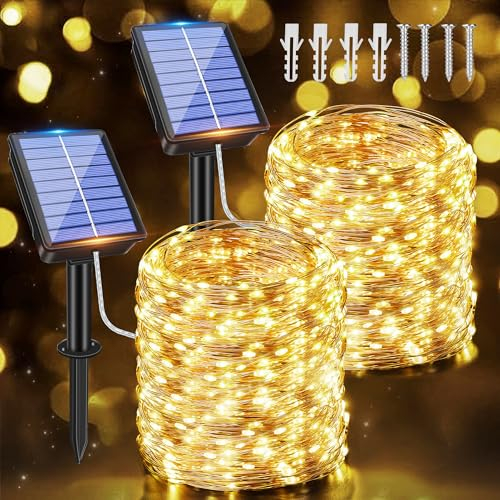 Ollny Solar Lichterkette aussen, 2x20M 200 LED lichterkette außen, 8 Modi IP65 wasserdicht Kupferdraht Lichterkette outdoor für Garten Balkon Terrasse Baum Hof Party (Warmweiß)