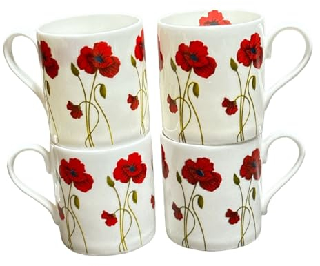 Tamersgifts Set of 4 Poppy Floral Design Mugs Fine Bone China 300ml Coffee Tea Cups Home Kitchen Mug Set