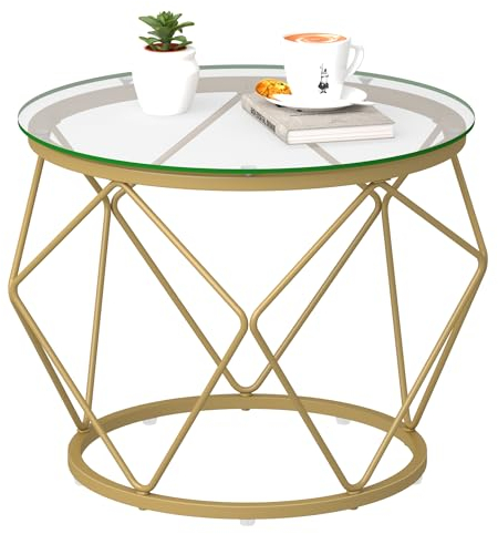 Hzuaneri Couchtisch rund, Beistelltisch mit Metallrahmen, Kleiner Beistelltisch für Wohnzimmer, Schlafzimmer, Büro, Gold CT21899G