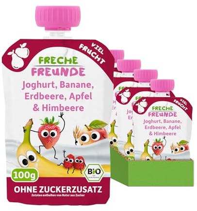 FRECHE FREUNDE Bio Quetschie Joghurt, Banane, Erdbeere, Apfel & Himbeere, Fruchtmus mit Obst im Quetschbeutel für Babys ab dem 6. Monat, vegan, 6er Pack (6 x 100g)