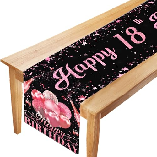 LUKIUP Tischläufer 18 Geburtstag Schwarz Rosa Happy, Tischband zum, 18. Geburtstag Mädchen Frauen Jahrestag Feier Party Dinner Tisch Leinen Tuch Deko für Zuhause Küche Draußen Drinnen, 180x35 cm