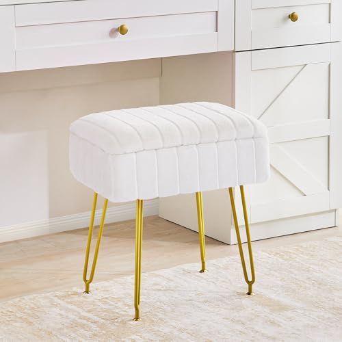 Redlife Chaise de Coiffeuse, Tabouret avec Espace de Rangement, Repose-Pieds Ottoman, Pouf pour Salon, Coiffeuse en Fausse Fourrure avec Pieds en métal doré (Blanc)