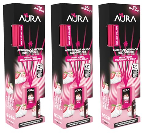 AURA | Pack 3 Ambientador Mikado con Varillas | Larga Duración 4 Semanas | 0% Alcohol | 3x30ml (Fresa y Nata)